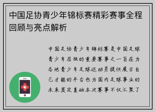 中国足协青少年锦标赛精彩赛事全程回顾与亮点解析