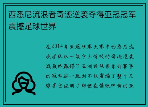 西悉尼流浪者奇迹逆袭夺得亚冠冠军震撼足球世界 西悉尼流浪者奇迹逆袭夺得亚冠冠军震撼足球世界